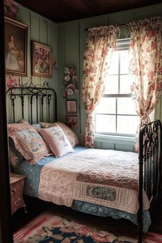 Vintage-style bedroom with a floral theme, featuring an iron bed, floral curtains, a quilt, and framed artwork on the walls. Granny Bedroom Aesthetic, Cabin Bedrooms, Cottage Rooms, Bedroom Furniture Inspiration, Cottage Patio, Whimsical Bedroom, Rustic Bedroom Decor, Cottage Ideas