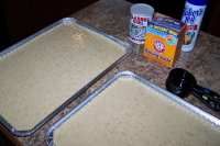 two baking pans sitting on top of a counter