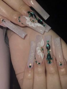 Quince Nails, Quinceanera Nails, Emerald Nails, Green Acrylic Nails, Milky Nails, Long Acrylic Nail Designs, Green Nail, Simple Acrylic Nails, Long Square Acrylic Nails