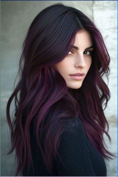 Balayage Split Dye, Dark Brunette With Purple Undertones, Dark Brown Hair Long Bangs, Bayalage Purple Hair, Dark Brown Purple Highlights, Subtle Fun Hair Color Brunettes, Dark Tinted Hair, Purple To Brown Hair, Dark Brown Hair Colors With Highlights