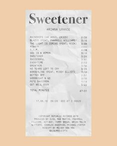 the receipt for sweetener is shown in black and white