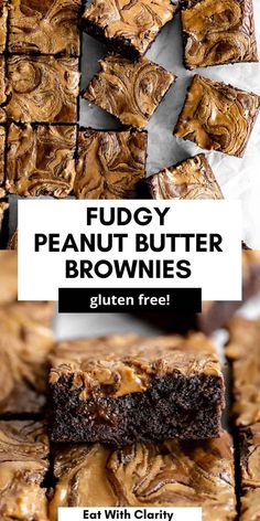 fudgy peanut butter brownies are stacked on top of each other with text overlay