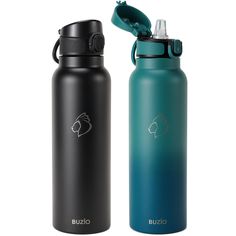 two black and blue water bottles side by side