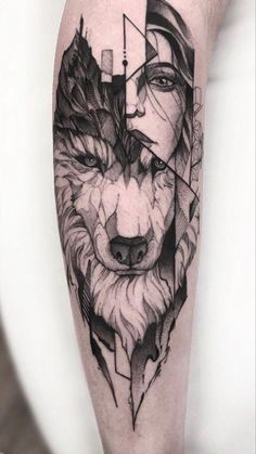 a man's arm with a wolf tattoo on it