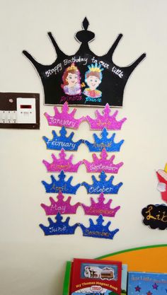 there are many magnets on the wall to decorate with princesses and tiaras