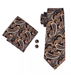 Coordinating brand new silk tie set. Includes tie, pocket square (handkerchief) and cuff links. Tie length is 61" from top to bottom. The width at the largest portion is 3.25". The pocket square is 10” x 10”. Please note, this item requires three (3) weeks to ship. Please take the shipping time into consideration when placing your order. Thank you ~ 📦 This item ships World Wide! Classic Gold Sets For Business, Elegant Paisley Print Neckwear For Business, Elegant Business Suit And Tie Accessories With Paisley Print, Classic Paisley Print Suit And Tie Accessories For Semi-formal, Elegant Brown Pocket Square For Business, Elegant Brown Business Sets, Elegant Brown Formal Sets, Elegant Black Tie Suit Accessories With Paisley Print, Elegant Paisley Print Suit And Tie Accessories For Gift