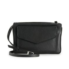 a black leather purse with a strap