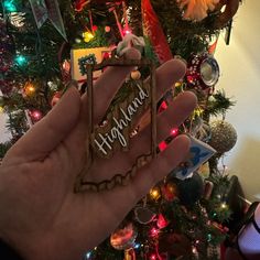 a hand holding up a christmas ornament in front of a decorated christmas tree