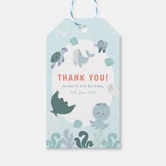 a thank card with an image of animals and sea creatures on the tag that says, thank you