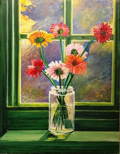 a painting of flowers in a glass vase on a window sill by a window