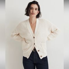 Nwt Madewell Waffle-Knit V-Neck Cardigan Waffle Cardigan, White Jeans Winter, Chanel Inspired, Madewell Sweater, Cardigan Outfits, Madewell Sweaters, V Neck Cardigan, Madewell Denim, Wool Cardigan