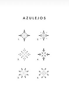 four snowflakes with the words azulejos written in black and white