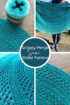 the granny merge shawl pattern is shown in three different pictures, including one blue and