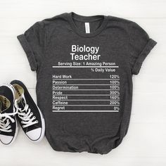 "Personalized Biology Teacher Nutrition Facts Shirt, Biology Teacher Shirt, Biology Teacher Gift, Biology Teacher T shirt, Biology Teacher ♥ This is a great personalized Biology Teacher gift that will put a big smile on the recipient's face. Gift them an unforgettable memory now! 𝐒𝐈𝐙𝐈𝐍𝐆 𝗔𝗡𝗗 𝐂𝐎𝐋𝐎𝐑𝐒 For detailed sizing information and color options, please see listing images. -B.C Only - It means that we have that color only for our Bella Canvas Tees. 📌 𝗛𝗢𝗪 𝗧𝗢 𝗢𝗥𝗗𝗘𝗥 𝟏. S Boss T Shirt, Bella Canvas Tees, Drummers, Smile On, Lacrosse, Unisex Shirts, Scuba Diving, Tee Design, Lawyer