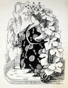 a black and white drawing of flowers in a vase