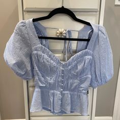 Astr Blue Puff Sleeve Blouse Nwt Blue Padded Short Sleeve Blouse, Blue Padded Blouse For Summer, Light Blue Fitted Puff Sleeve Blouse, Light Blue Puff Sleeve Blouse For Day Out, Blue Padded Blouse With Puff Sleeves, Puff Sleeve Blouse, Blue Blouse, Costume Ideas, Halloween Costume