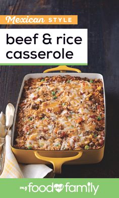 the mexican style beef and rice casserole recipe is shown in this book cover