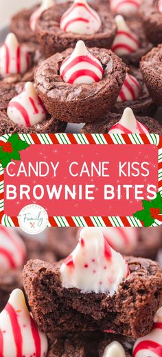 chocolate candy cane kiss brownie bites with white frosting