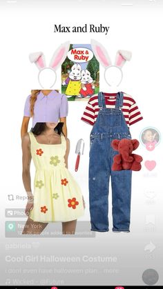 a girl in overalls and bunny ears is standing next to a doll wearing an easter outfit