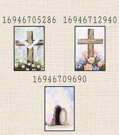 the cross has been painted with flowers and is surrounded by three pictures that show it