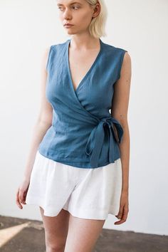 Linen Wrap Top Steel Blue Linen Top Linen Tops for Woman | Etsy Linen Wrap Top, Sleeveless Wrap Top, Linen Tops, Linen Top Women, Linen Tank Top, Linen Tank, Linen Color, Wrap Blouse, Linen Shorts