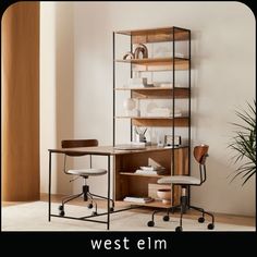 a room with a desk, chair and shelves on the wall next to a potted plant