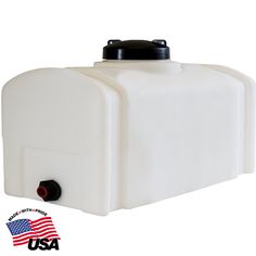 a white plastic tank with an american flag sticker on the side and black top