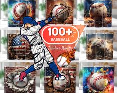 the baseball player is swinging his bat in front of an american flag and other sports items