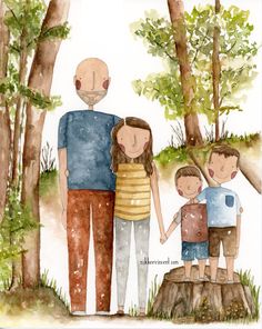 watercolor painting of an older man, woman and two children standing on a tree stump in the woods