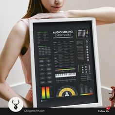 a woman holding up a poster with an audio mixing chart on it's back