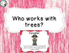 a pink book cover with the words who works with trees? and an image of a man