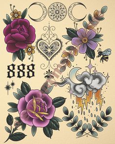 Floral tattoo flash Pink Tattoo Flash, Flower Flash Tattoo, Flower Tattoo Flash, Traditional Tattoo Painting, Flash Painting, Tattoo Fillers, Angel Flowers, Ipad Inspo, Traditional Tattoo Flash Art