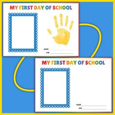 two children's handprints with the words my first day of school