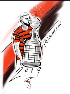 a drawing of a man holding a trophy