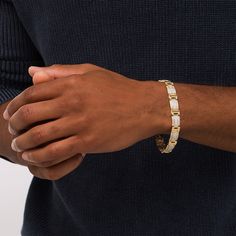 Take his look up a notch with this eye-catching diamond link bracelet. Created in warm 10K gold, this design showcases layered links with double-row diamond-lined centers and stepped diamond borders. Polished "I"-shaped links complete the alternating pattern. Captivating with 3 cts. t.w. of diamonds and a brilliant buffed luster, this 8.0-inch bracelet secures with a tongue and a groove clasp. Mens Diamond Bracelet, Diamond Jewelry Designs, Showcase Design, 10k Gold, Jewelry Designs, Link Bracelets, Diamond Bracelet, Diamond Jewelry, The Row