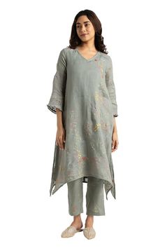 Jade linen kurta with floral hand screen printed motifs. Comes with pant. - Aza Fashions Fly Free, Hand Screen Printed, In The Clouds, Pants Pattern, Pant Set, The Clouds, Set For Women, Aza Fashion, Three Quarter