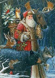 a painting of santa claus and his reindeers in the snow