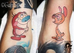 two cartoon tattoos on the legs of people