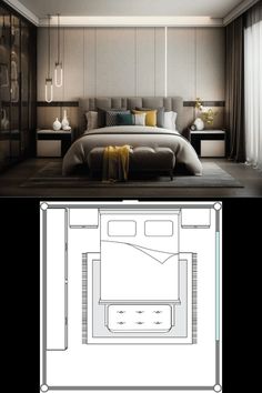 a bed room with a neatly made bed next to a drawing of a bedroom and bathroom