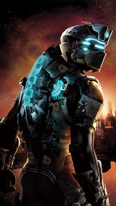 a man in a futuristic suit with glowing lights on his face and hands, standing next to a sci - fi city