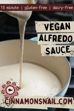 an image of vegan alfredo sauce being poured into a skillet with the recipe