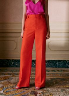 Giovanni Trousers - Red - Viscose - Sézane Pantalon Orange, Orange Pants, Denim Suit, Orange Outfit, Casual Chique, Long Trousers, Knitwear Dress, Red Pants, Straight Leg Trousers