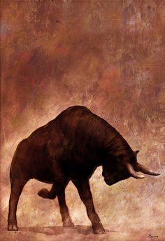 a painting of a bull walking on the ground with it's head down and its tail up