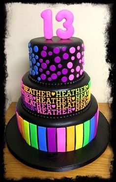 a three tiered cake decorated with multi colored ribbons and the number thirteen on top