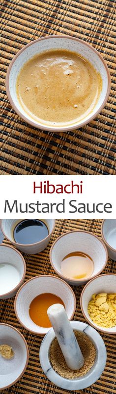 different types of sauces in white bowls on a woven mat with the words hibachi mustard sauce