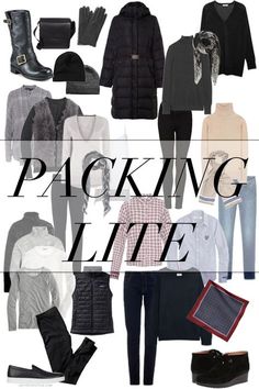 there are many different types of clothes and shoes on this page with the words packing life