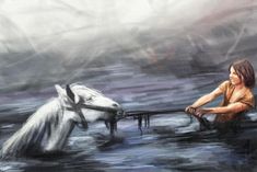 a painting of a girl in the water with a white horse pulling her by a rope