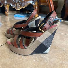 Authentic Burberry Wedge Heel Shoes. Wore Once. Looks Brand New. Size 38 Original Price $450 Designer Brown Wedge Heels, Designer Wedge Sandals, Designer Brown Platform Wedge Sandals, Luxury Brown Wedge Sandals With Round Toe, Designer Brown Wedge Sandals With Round Toe, High Wedges, Fashion Shoes Sandals, Burberry Shoes, Shoes Heels Wedges