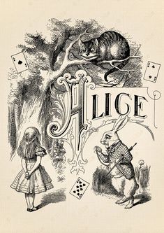 an old book cover with alice and the rabbit playing cards in front of it, surrounded by other illustrations