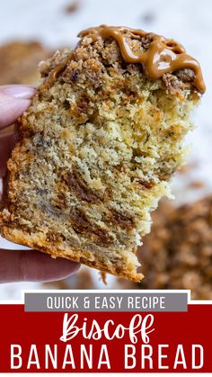 a close up of a person holding a piece of banana bread